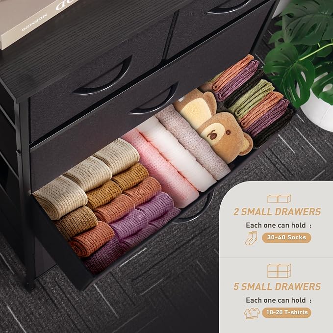 Mifuro Tall Dresser for Bedroom, Vertical Storage Organizer Tower with 7 Drawers, Chest of Drawers with Fabric Bins, Steel Frame, Wood Top for Bedroom, Closet, Entryway- Black - Image 5