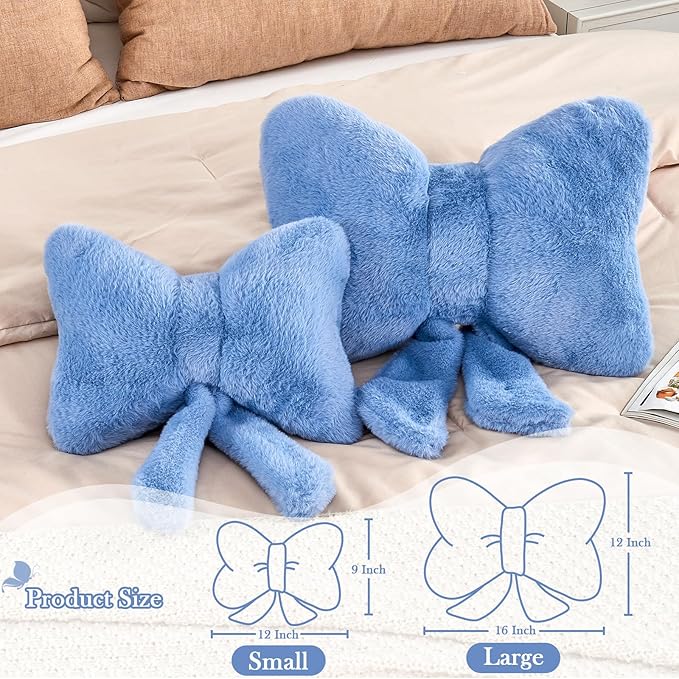 XVTRU Dusty Blue Bow Pillow, Soft Bow Decorative Pillows with Faux Rabbit Fur, Cute 16" Bow Throw Pillows, Aesthetic Home Decor Bow Shaped Plush Pillow for Bedroom Sofa Couch