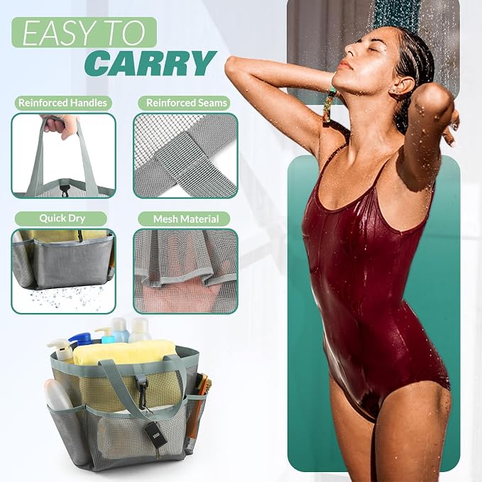 LOYEE Mesh Shower Caddy Portable for College Dorm Room Essentials with 8 Pockets, Shower Bag for Beach, Swimming, Gym, Travel, Bathroom(All gray) - Image 4