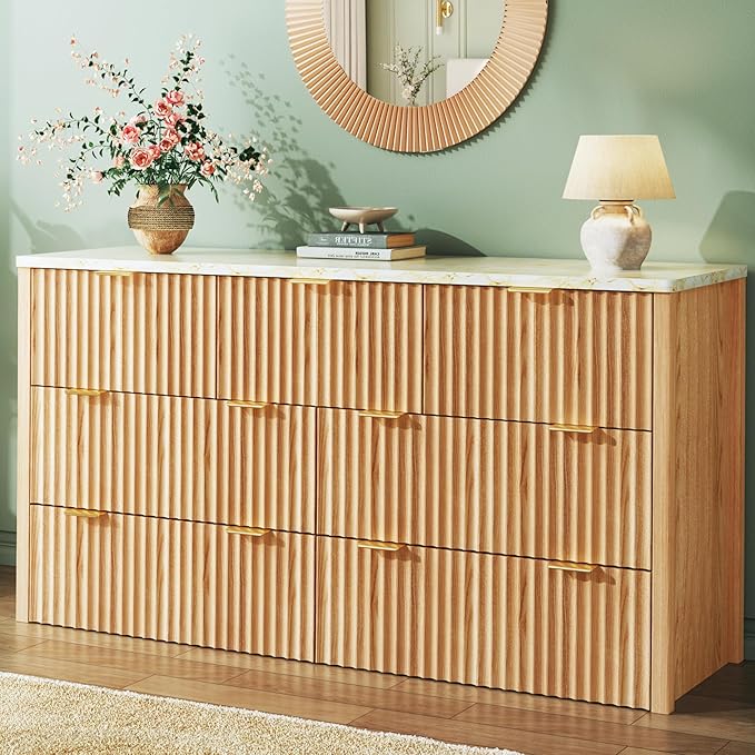 HUAHUU Fluted Dresser for Bedroom with 7 Drawers, 53" Wide Mid Century Modern Dressers with Faux Marble Top & Metal Handle, Wooden Chest of Drawers TV Stand, Natural Oak