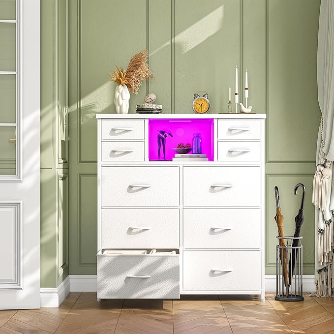 Romorgniz White Dresser for Bedroom with 10 Drawers Featuring LED Light and Power Outlet, Fabric Dressers & Chest of Drawers with Open Shelves for Hallway, Living Room, Steel Frame,Wood Top