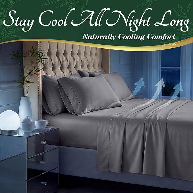 DECOLURE 100% Viscose Derived from Bamboo Sheets Queen Size - Luxury 6 Pc Naturally Cooling Sheets, Ultra Soft Bed Set - Deep 17" Pockets, Durable Double Stitching, Oeko Tex Standard (Grey)