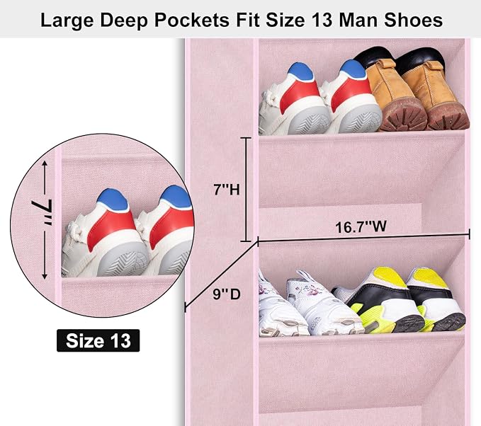 SLEEPING LAMB Over The Door Shoe Rack with Large Deep Pockets, Kids Shoe Organizer for Closet Door, Narrow Hanging Boots Storage, Pink - Image 3