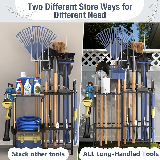 Garden Tool Organizer, Metal Yard Tool Organizer,Holds 70 Long-Handled Tools/Rakes/Brooms,Side Garden Pocket,Heavy Duty Steel Yard Tool Storage Rack for Garage,Shed, Outdoor(Black-Large) - Image 3