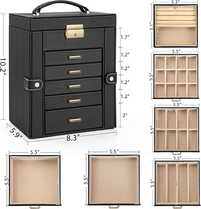 AKOZLIN 6-Tier Jewelry Box Lockable Leather Jewelry Storage Case with 5 Drawers for Women Girls Ring Necklace Earring Bracelet Holder Organizer with Mirror - Image 7