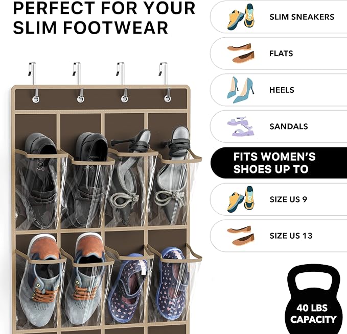 Simple Houseware 24 Pockets - Crystal Clear Over The Door Hanging Shoe Organizer, Brown (64'' x 19'') - Image 3