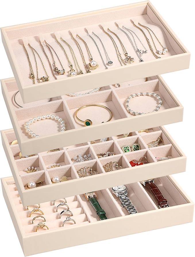 LANDICI Stackable Jewelry Organizer Trays 4 Set,PU Leather Jewelry Organizer Drawer,Jewelry Storage Display Tray for Earring Necklace Rings Bracelet with Removable Dividers,Apricot by LANDICI