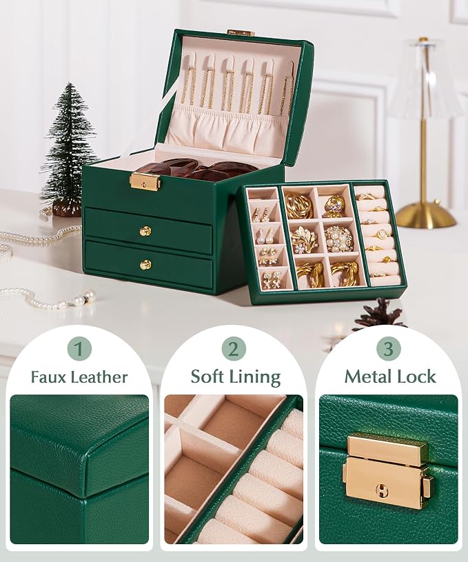 Homde Mothers Day Gifts Small Girls Jewelry Box with Lock: 3 Layer Organizer with Removable Tray - Storage for Ring Necklace Earring - Birthday & Return Gifts for Young Women (Midnight Green) - Image 6