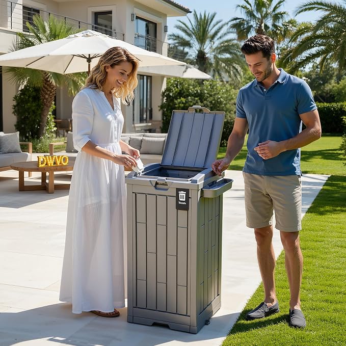 DWVO 38 Gallon Outdoor Trash Can, Set of 2 Resin Garbage Bins with Lids, Includes 2 Sorting Labels, Ash Holder, Stakes & Suction Cups, Hideaway Storage for Patio Backyard Garden, Light Brown - Image 8