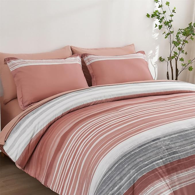 KAKIJUMN 7 Piece Bed in a Bag Stripe Comforter Set Queen Size, White Grey Blush Pink Patchwork Striped Comforter and Sheet Set, All Season Soft Microfiber Complete Bedding Sets(Pink,Queen)