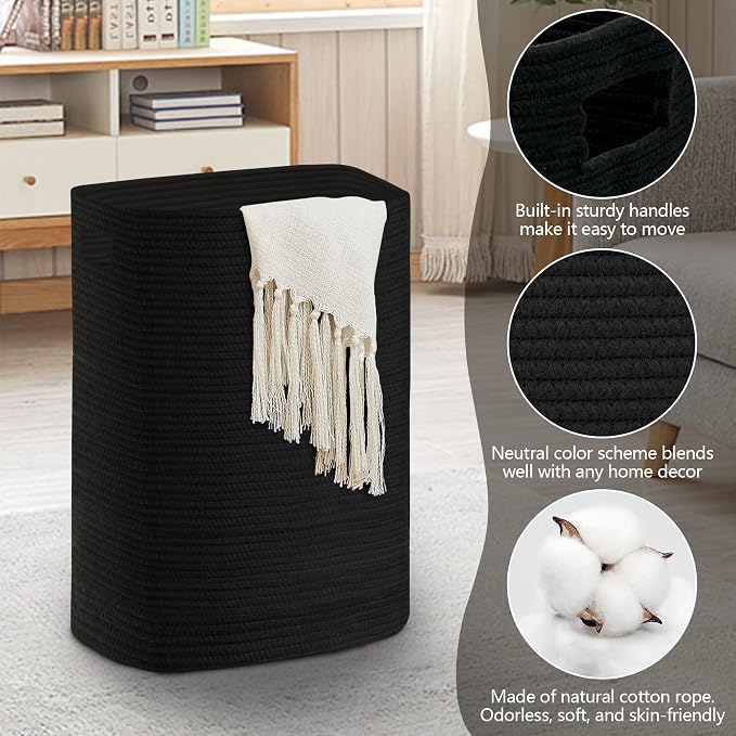 MEGASKET Large Laundry Hamper 16"x13"x22" - Tall Woven Laundry Basket, Cotton Rope Dirty Clothes Hamper, Baby Kids Nursery Wicker Laundry Basket, Bedroom Aesthetic, Soft Laundry Bin, Black Hamper, 75L - Image 2
