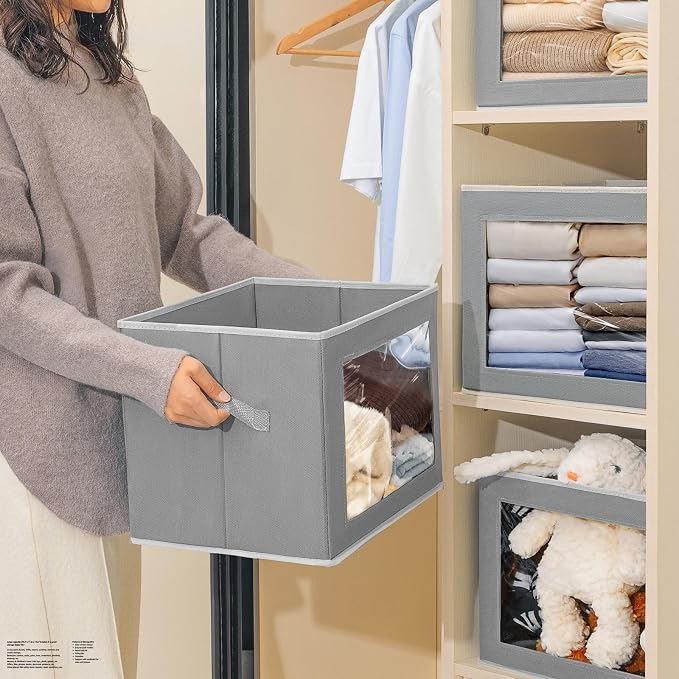 Homsorout Storage Bins with Lids, 4 Pack Large Storage Cubes with Window, Closet Bins with Lids & Handles, Fabric Box for Organizing Clothes, Towels, Books, Grey - Image 6