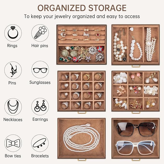 AKOZLIN 6-Tier Jewelry Box Organizer Functional 5 Drawers Leather Jewelry Storage Case for Women Girls Ring Necklace Earring Bracelet Holder Organizer with Mirror Brown - Image 3