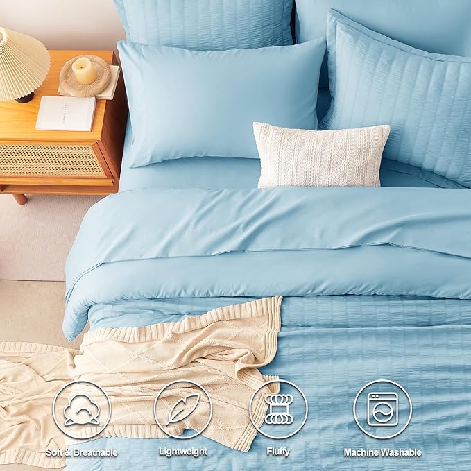 CozyLux Queen Comforter Set Sky Blue Seersucker 7 Pieces Bed in a Bag Queen Comforter Set with Sheets, Luxury Bedding Sets with Down Alternative Comforter, Sheets, Pillowcases & Shams All Seasons