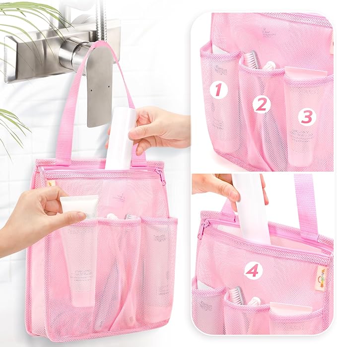 famichan Mesh Shower Caddy Portable, Gym Travel Camp Dorm Room Essentials for Women and College Girl, Pink Bathroom Shower Bag - Image 2