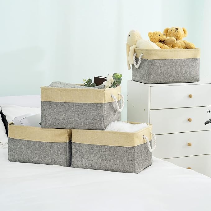 TheWarmHome Storage Basket - 15.7L×11.8W×8.3H 1 Pack Large Baskets for Organizing Shelves, Storage Bins for Clothes Book Shelf Home Fabric Storage Cubes (Gold and Grey) - Image 4