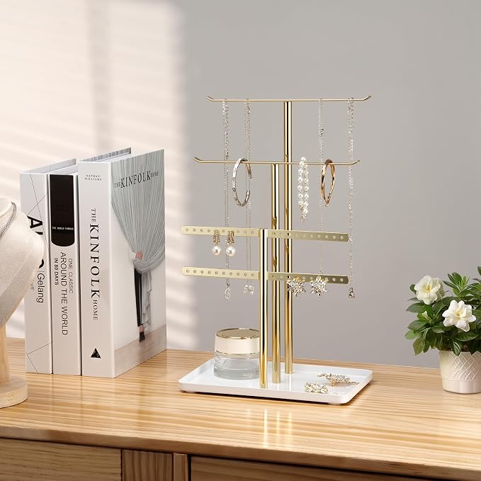 pickpiff Jewelry Stand Holder Organizer: 12.5" Sturdy Hanger for 80 Pcs Jewelry, Jewlery Tower for Display Necklace, Earring, Bracelet, Watch, Mirrored Gold - Image 5