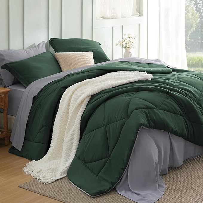 Bedsure Full Size Comforter Set - 7 Pieces Reversible Forest Green Bedding, Full Size Bed Set for All Seasons, Bed in a Bag with Down Alternative Comforter, Sheets, Pillowcases & Shams