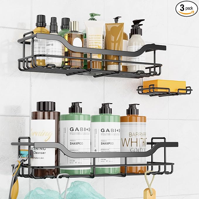 OMAIRA 3-Pack Shower Caddy with Soap Holder, Adhesive Rustproof No-drill Strudy Loading Inside Shower Organizer Shelves Rack Storage Bathroom Organization for Smooth Wall Glass Tile (Large) by OMAIRA