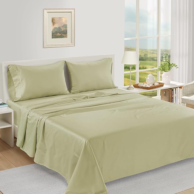 LANE LINEN Ultra Soft California King Sheets Set,100% Egyptian Cotton Mercerized Fully Elasticized with French Seam on Fitted Hotel Like Thick Luxury Bed Sheets - Sea Foam