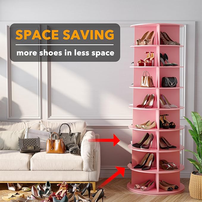 SpaceAid 8 Tier Rotating Shoe Rack Tower, Spinning Shoe Display Lazy Susan, Revolving 360 Shoe Rack Storage Round Carousel, Vertical Handbag Rotate Shoes Closet Organization (8-Tier Pink) - Image 3