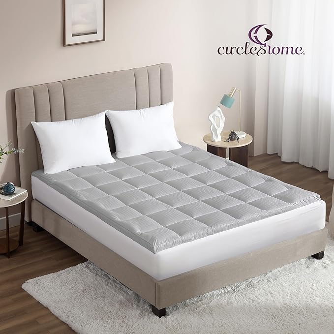 CirclesHome Hotel Collection Queen Size Hybrid Mattress Protector & Pad - Extra Padded, Thick, Plush, & Fitted Mattress Topper for Bed - Comfortable Pillow Top Mattress Cover