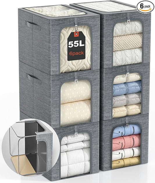 GoMaihe Clothes Storage Bins Metal Frame: 55L Extra Large Stackable Closet Storage Bin with Lid & Clear Window, Heavy Duty Blanket Box for Winter Coats Comforters (Fits Deep Closet 6-Pack) by GoMaihe