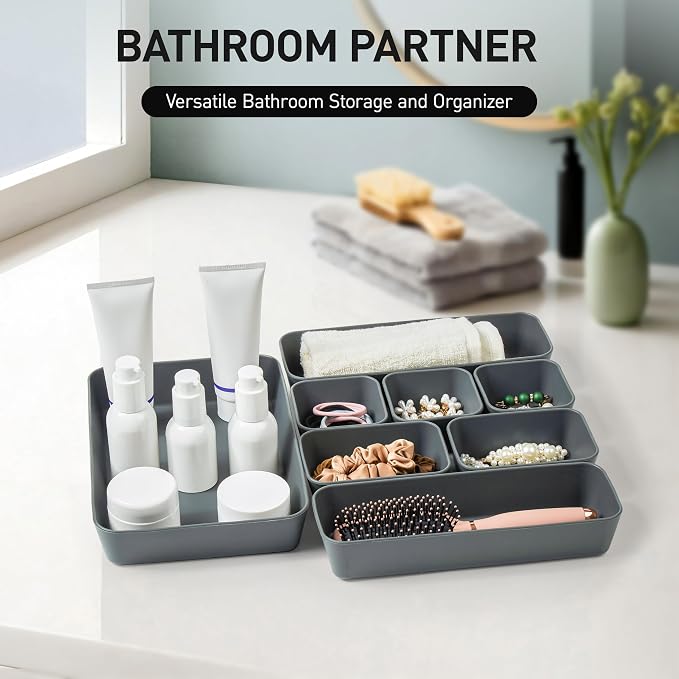 ISSEVE 8Pcs Nesting Silicone Drawer Organizer Trays, 4 Size Versatile Vanity Bathroom & Desk Drawer Organizer Set Storage Bins for Office,Kitchen,Nightstand,Black - Image 6