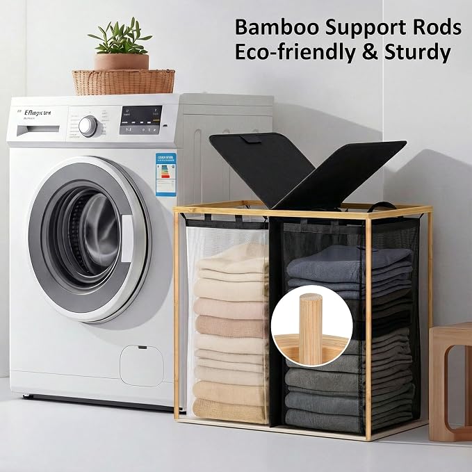 efluky Laundry Hamper with Lid, Double Laundry Hamper with 2 Removable Bags, 2 Section Laundry Basket with Bamboo Handles for Bathroom, Bedroom & Laundry Room, 140L (36.9 Gallon) Black - Image 6
