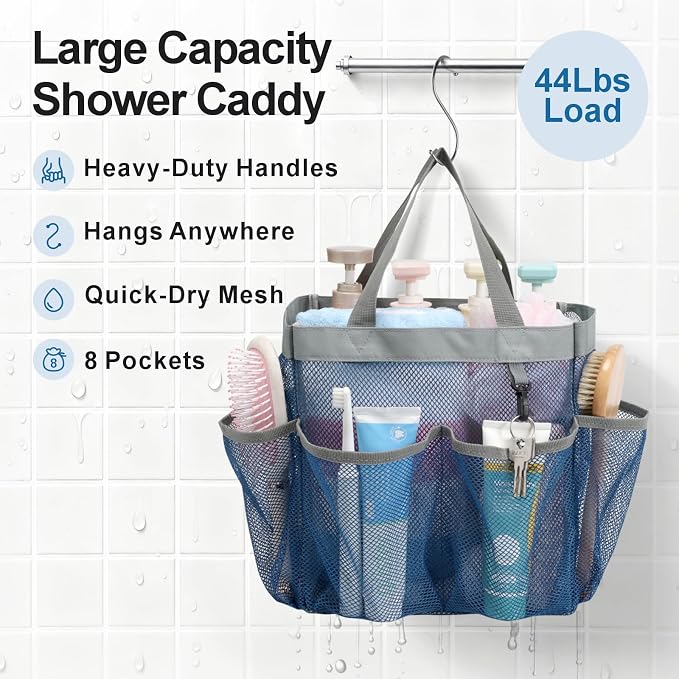 F-color Mesh Shower Caddy Portable - Navy Blue, Upgrade Deeper 7 Pockets Shower Bag Basket Tote for College Dorm Room Toiletry Bathroom Essentials Gym Camp Quick Dry 2 handles with S Hook - Image 3