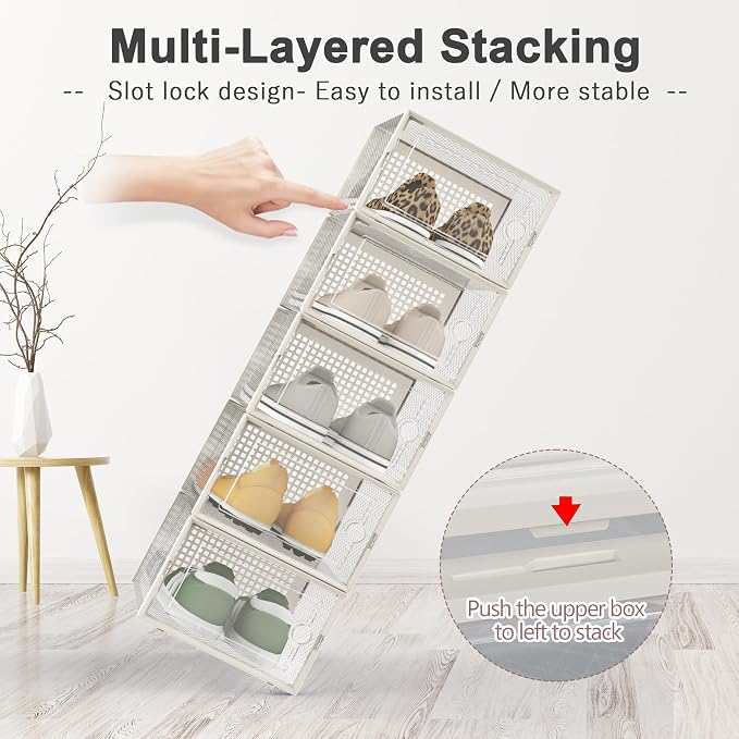 Kuject Large Shoe Organizers Storage Boxes for Closet, 12 Pack Clear Plastic Stackable Storage Bins with Lids, Under Bed Shoe Containers for Entryway, Fit up to Women's Size 10,Black,Off-white - Image 4