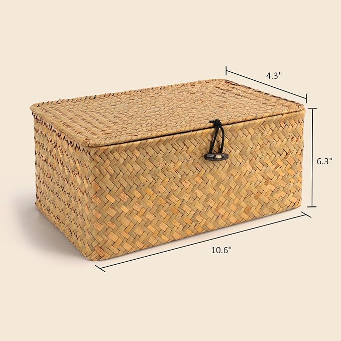 Nonam Small Basket with Lid, Natural Seagrass Bin with Lid, Shelf Baskets Multipurpose Container for Boho Decoration, Rectangular Household Storage Boxes for Home Organization-Natural - Image 3