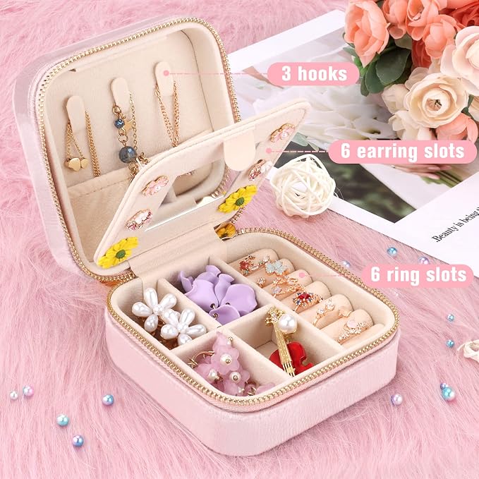 DesignSter Travel Jewelry Box - Velvet Mini Jewelry Organizer, Small Jewelry Case for Girls Women, Jewelry Storage Box for Rings Earrings Necklace (Square, Lotus Pink) - Image 4
