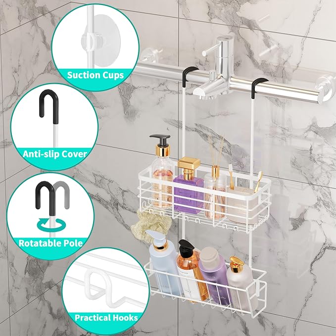 HapiRm Hanging Shower Caddy Organizer - No Drilling Shower Organizer with Inclined Shelf, Rustproof & Waterproof 304 Stainless Steel Bathroom Caddy - White - Image 2