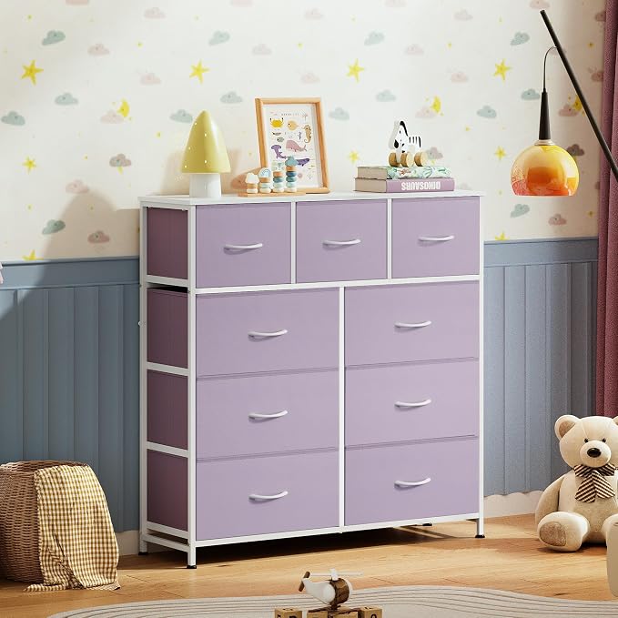 WLIVE 9 Drawer Dresser, Fabric Storage Tower for Bedroom, Hallway, Closet, Tall Chest Organizer Unit for Bedroom with Fabric Bins, Steel Frame, Wood Top, Easy Pull Handle, Purple - Image 2