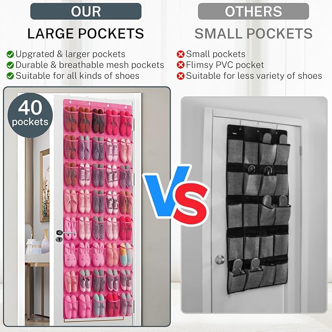 40-Pocket Over the Door Shoe Organizer - Large Mesh Pocket Hanging Shoe Organizer,Behind the Door Shoes Storage Holder Hanger - Image 6