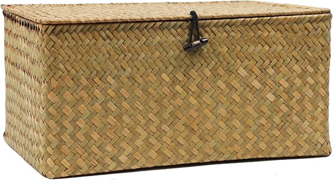 Wicker Basket with Lid, Natural Seagrass Storage Baskets for Organizing, Woven Basket for Storage, Decorative Boxes Bins with Lids Home Organizer Decor (Natural, 14.3" x 9.4" x 6.9") by ORDELITE