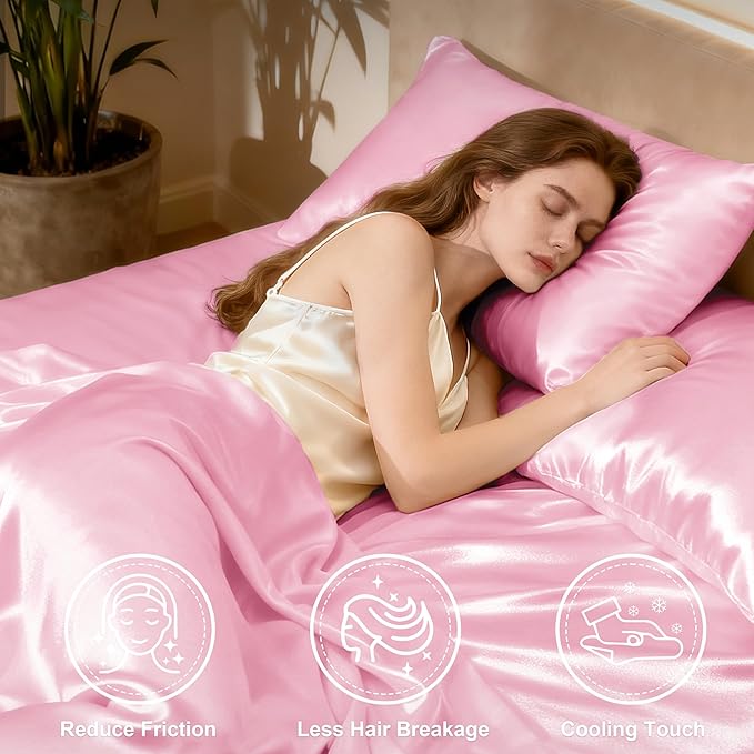 Love's cabin Satin King Sheet Sets - 4 Piece Pink Silky Sheets King Size Bed Set with Deep Pocket, Luxury Silk Feel King Size Satin Sheet Set (1 Flat Sheet,1 Fitted Sheet,2 Pillow Cases)