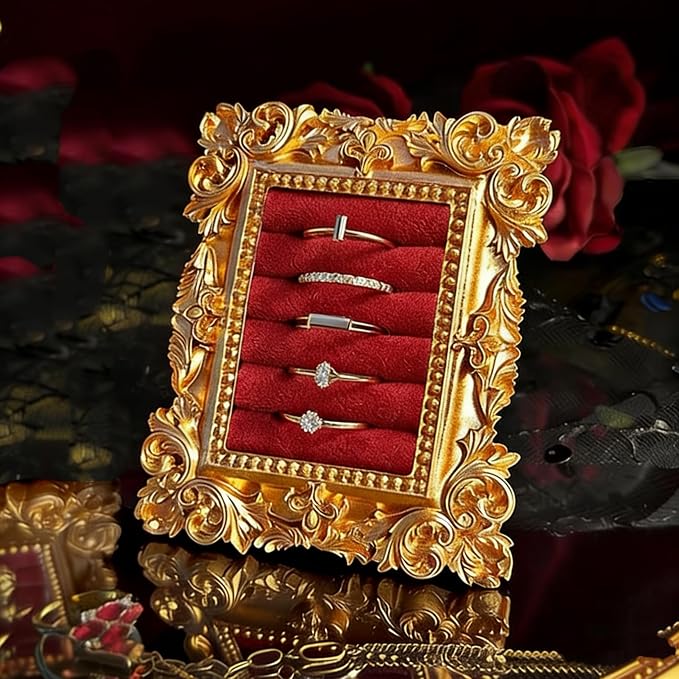 Vintage Ring Holder Rectangle Gold Velvet Display Stand - Baroque Jewelry Organizer Box Tray for Wedding Engagement Anniversary Women Birthday Christmas Gift Photograph Prop (MPF05-Gold Red) by GELVTIC