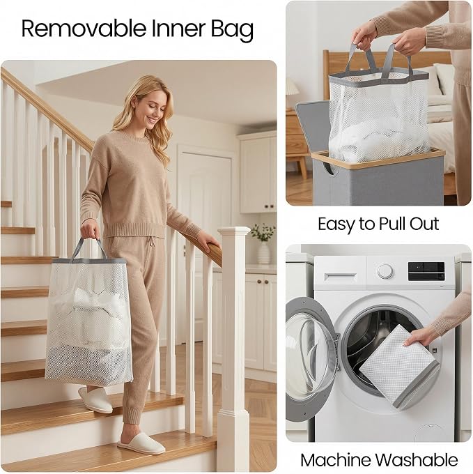 efluky Laundry Basket with Lid and Removable Bag, 100L Tall Laundry Hamper with Bamboo Handles, Aesthetic Dirty Clothes Bin for Laundry Room, Bathroom, Bedroom and Dorm, Silver Grey - Image 6