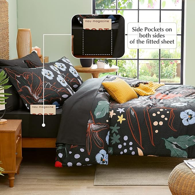 CASAAGUSTO Queen Comforter Set, 7 PCS Black Floral Comforter Set with Flowers Leaves Pattern, Soft Seersucker Design All Season Queen Size Bedding Set (90"X90")