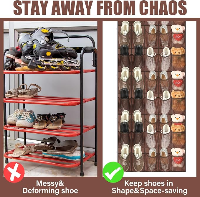 Windyun 40 Over the Door Shoe Organizer Large Breathable Mesh Pockets Hanging Shoe Rack for Closet Brown Behind Door Hanger Storage Holder Nonslip Hooks for Women Men Entryway Bedroom Utility Room - Image 2