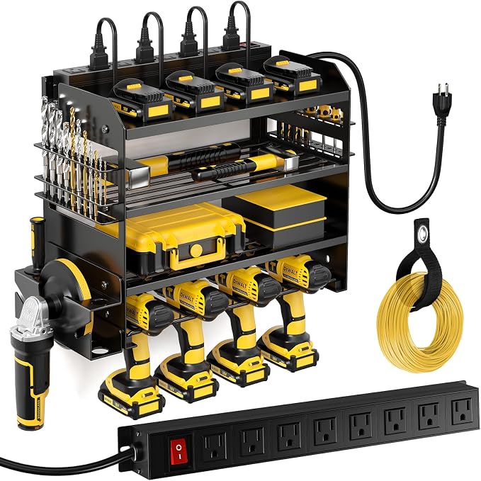 POKIPO Power Tool Organizer Wall Mount with Charging Station,Tool Storage Rack with 8 Outlet Power Strip,Heavy Duty Metal Battery Utility Rack with 4 Cordless Drill Holder 6.56 Ft Cord for Garage by POKIPO