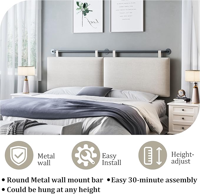 BSHOMGI King Headboard, Wall Mounted Headboards for Bed with Linen Upholstery Hanging Head Board for Bedroom Sturdy and Durable Solid Wood Thanksgiving Day, Christmas for Family(Beige, King)