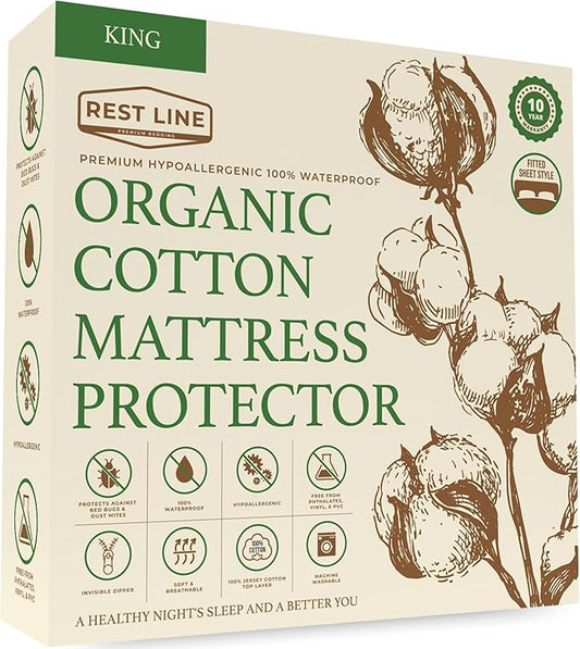 King Size 78x80” Premium Organic Cotton Waterproof Mattress Protector, 100% Cotton, Hypoallergenic, Cooling Mattress Pad Cover, Soft & Breathable Fitted Sheet Style up to 18" Deep - Rest Line