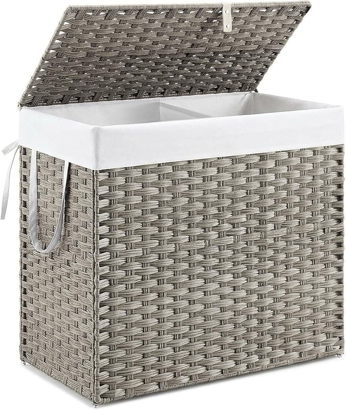 DUMOS Wicker Laundry Basket with Lid, 110L Woven Laundry Hamper with Handles, Foldable Rattan Clothes Hamper with Removable Liner & Sturdy Steel Frame, Dove Gray by DumosLifestyle