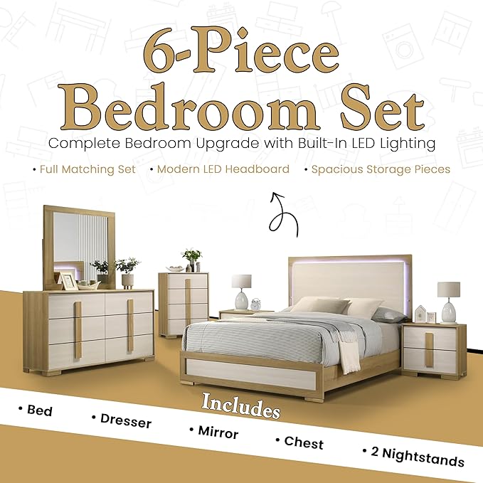 Kings Brand Furniture 6-Piece Natural/White Bedroom Set - Bed with LED Lights, Dresser, Mirror, Chest and 2 Nightstands (Queen)