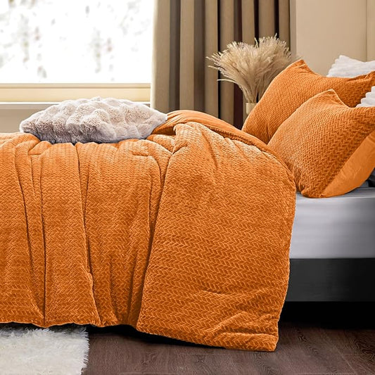 Flannel Fleece Twin Comforter Set - Furry Burnt Orange Leaves Pattern Faux Fur Bed Set, Winter Ultra Soft Fuzzy Comfort Set, Velvet Bedding Set for Bed with 1 Pillow case