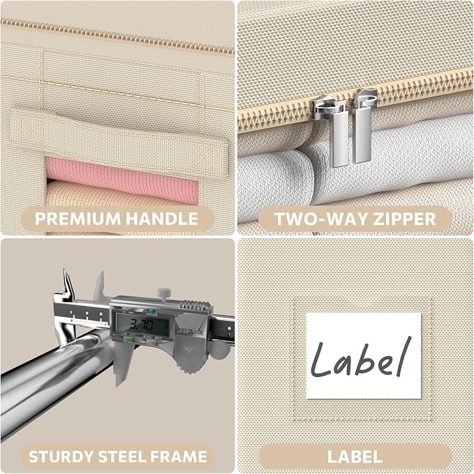 CYhom 3Pack Frame Storage Box - Clothes Storage Bin Bags Oxford Fabric Foldable Stackable Container Organizer Set with Clear Window & Carry Handles (Beige, X-Small-36L) - Image 4