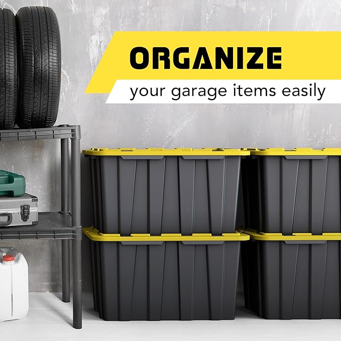 4 Pack of Large 17 Gallon Plastic Storage Bin Tote Organizing Container with Secure Latching Lids, Stackable, Extra Strength Clear with Built in Handle - Black and Yellow